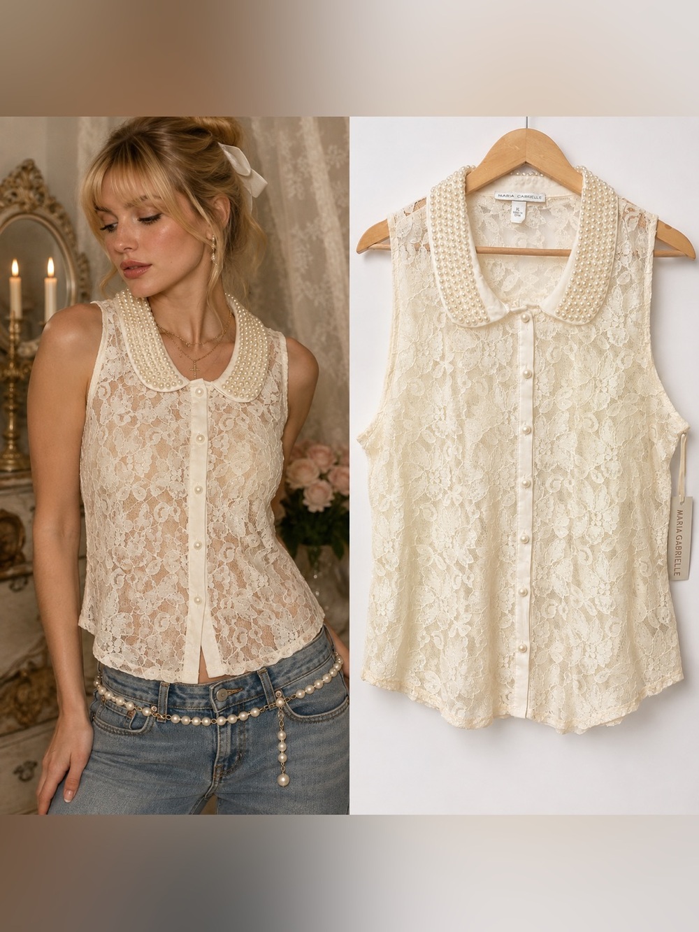 Maria Gabrielle XL Ivory Lace Pearl Collar Blouse Sheer Romantic Coquette Top
